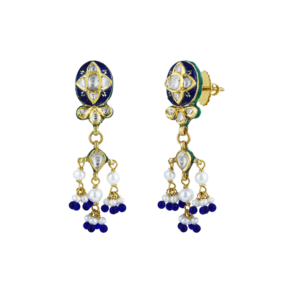 Polki Earrings with Blue Enamel, Pearl, and Blue Bead Drops